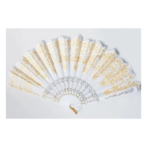 Handfächer aus weißer und goldener Spitze, Produktionsmuster