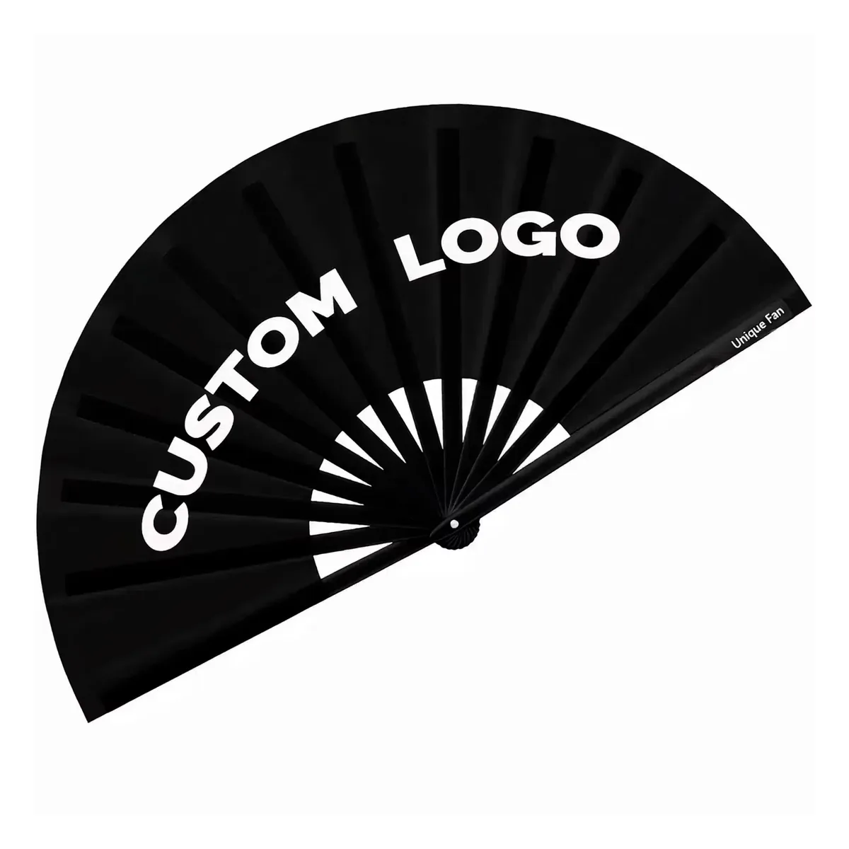 Schwarzer Festival-Handfächer personalisiert, Satin, Großformat, bedruckt mit Ihrem Logo