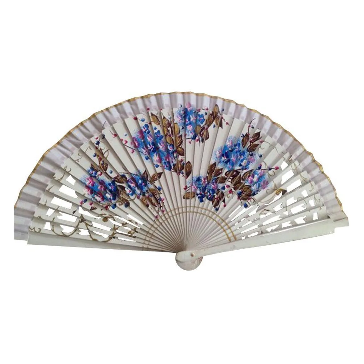 Bedruckter Holz-Handfächer personalisiert, Creme floral, bedruckt mit Ihrem Logo