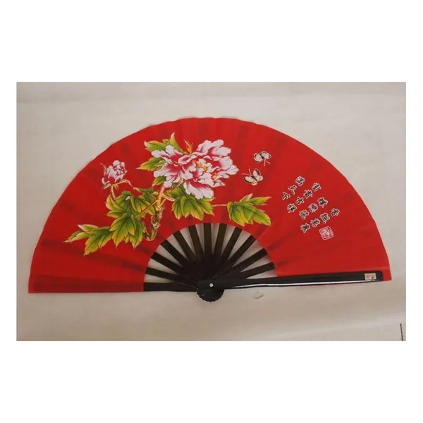 Großer Kunststoff-Handfächer 33 cm, roter Pfingstrosenstoff