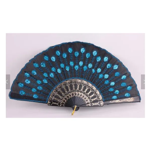 Pailletten-Handfächer personalisiert, Pfauenblau bestickt, Design 3