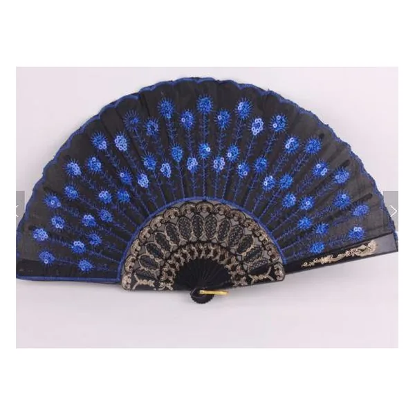 Pailletten-Handfächer personalisiert, Pfauenblau bestickt