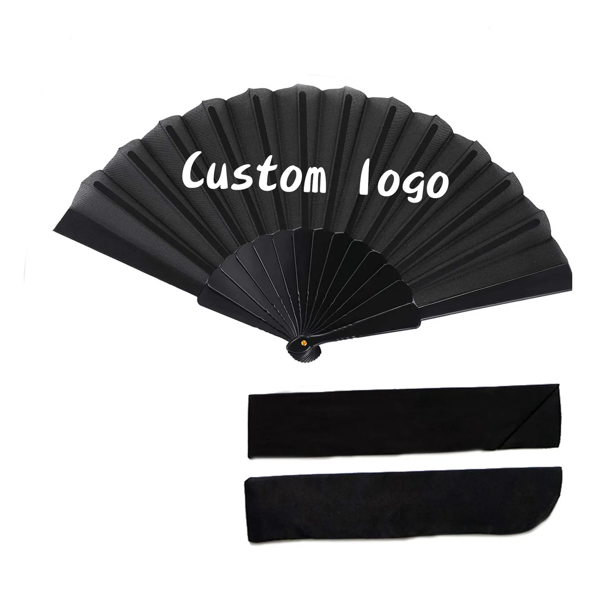 Papier-Handfächer personalisiert 42 cm, schwarz, mit Beutel, bedruckt mit Ihrem Logo