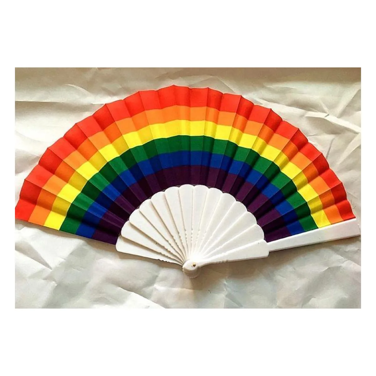 Regenbogen-Handfächer Pride, weiße Streben, bedruckt mit Ihrem Logo