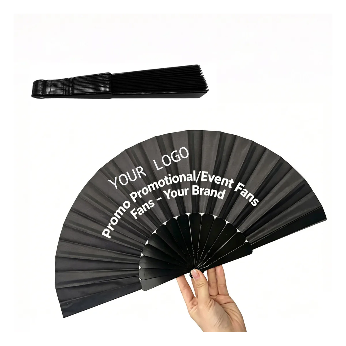 Schwarzer Handfächer personalisiert 42 cm, Bambusstreben, Eventformat, bedruckt mit Ihrem Logo