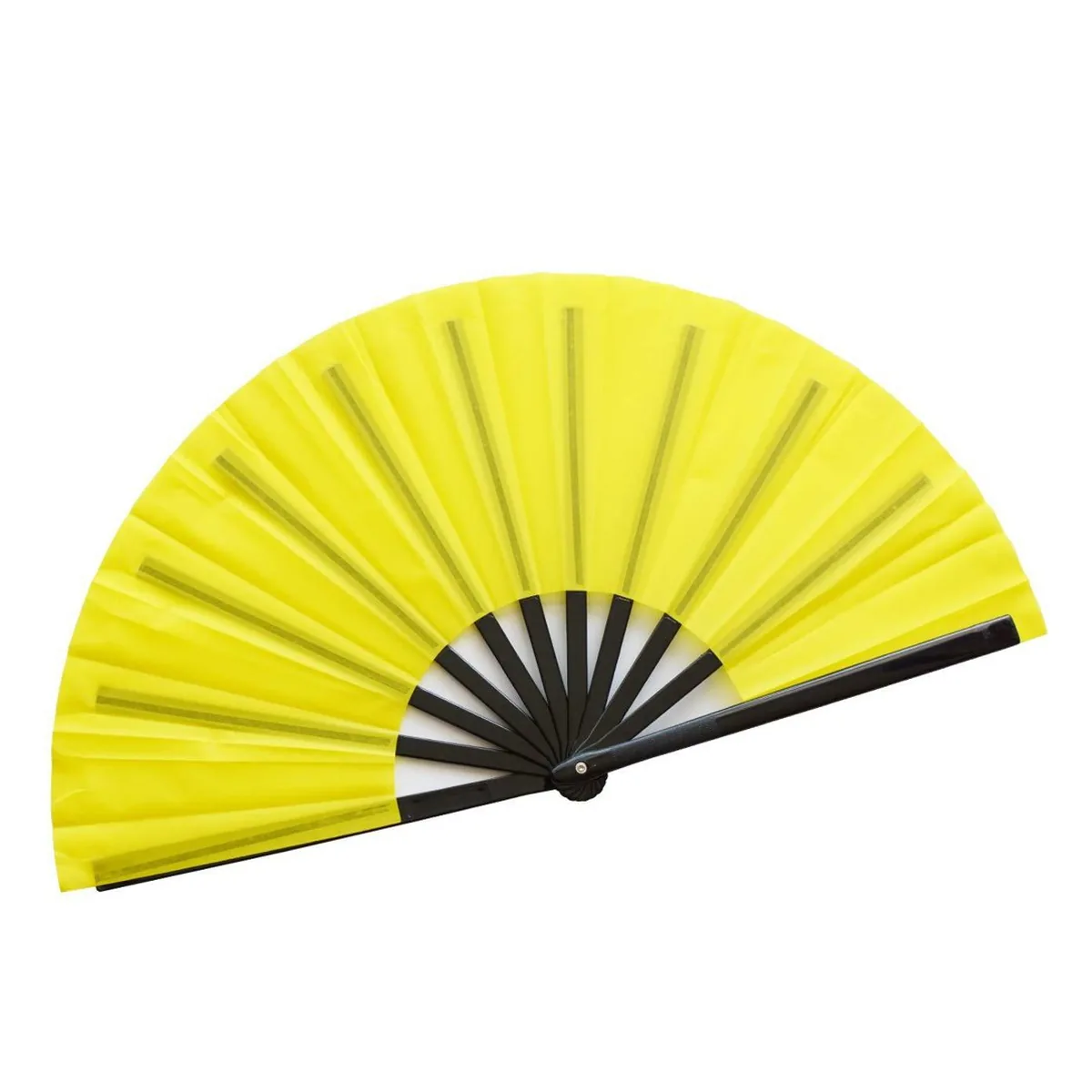 Unifarbener Handfächer personalisiert 33 cm, gelb, schwarze Streben, bedruckt mit Ihrem Logo